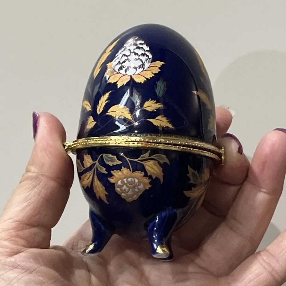Cobalt Blue Porcelain Egg Trinket Box Footed with Floral Decoration